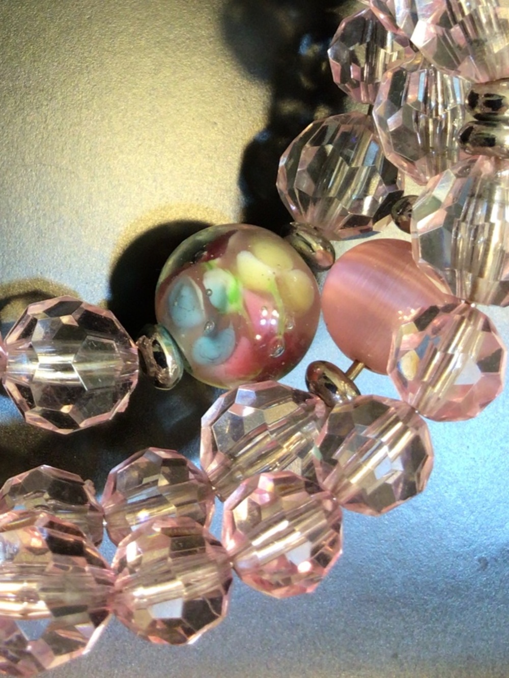 Triple Strand Wrap-around Pink Beads/Cat’s Eye/Lampwork Glass Bracelet - Picture 2 of 4
